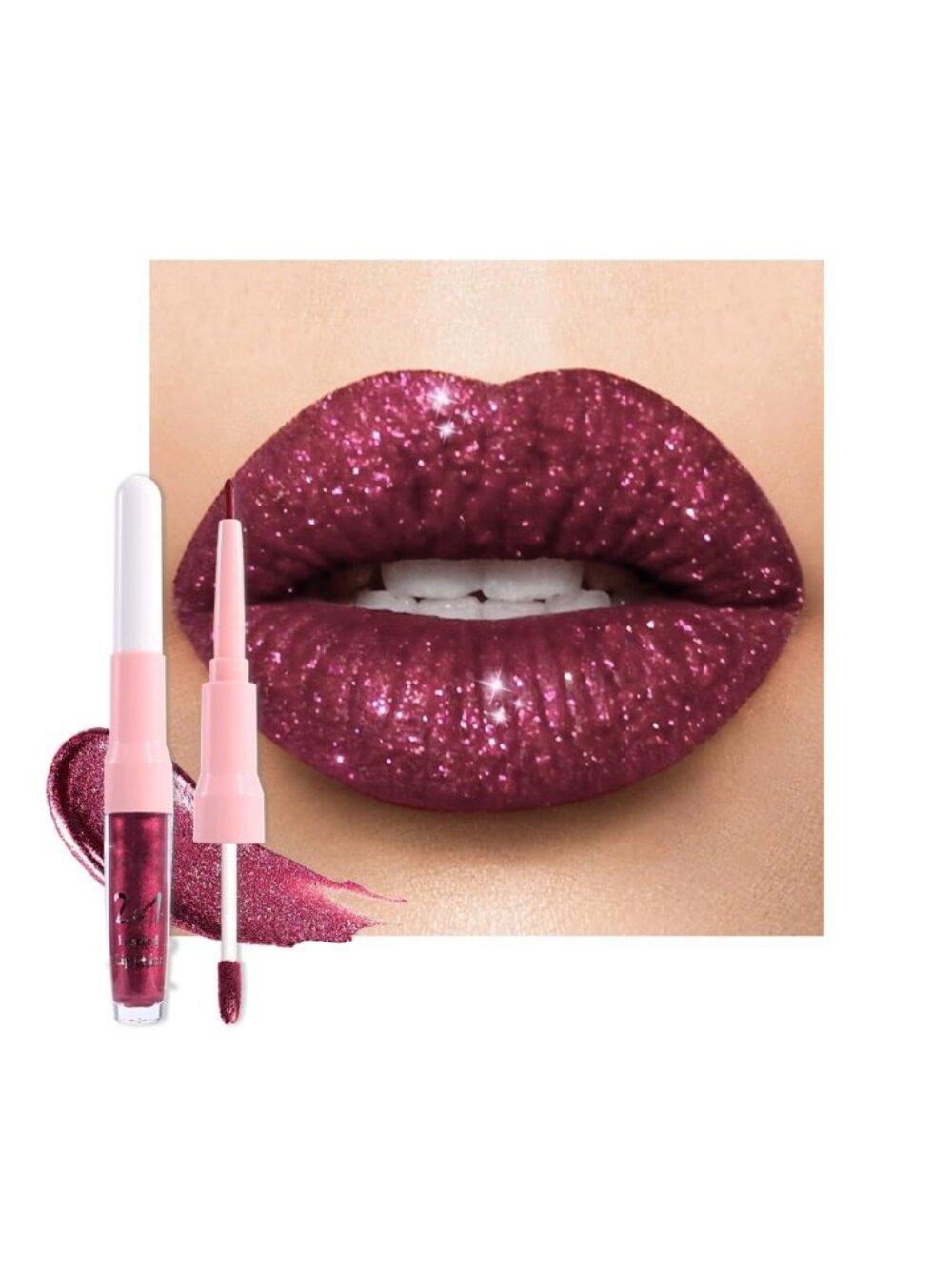 Women 26#Dark Purple Red-Matte to Glitter 2-in-1 Long Lasting Lipstick Lip Liner